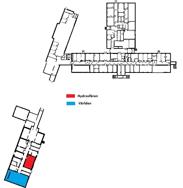 Map showing where to find rooms at Geocenter 1 and 2, Plan 1