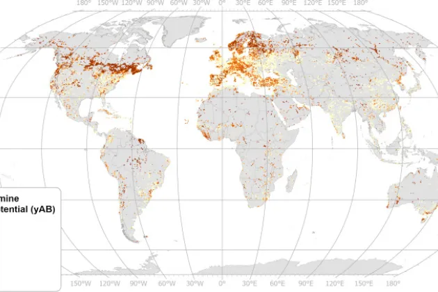 World map showing Perforation potential for the context areas of quarries or mines. 